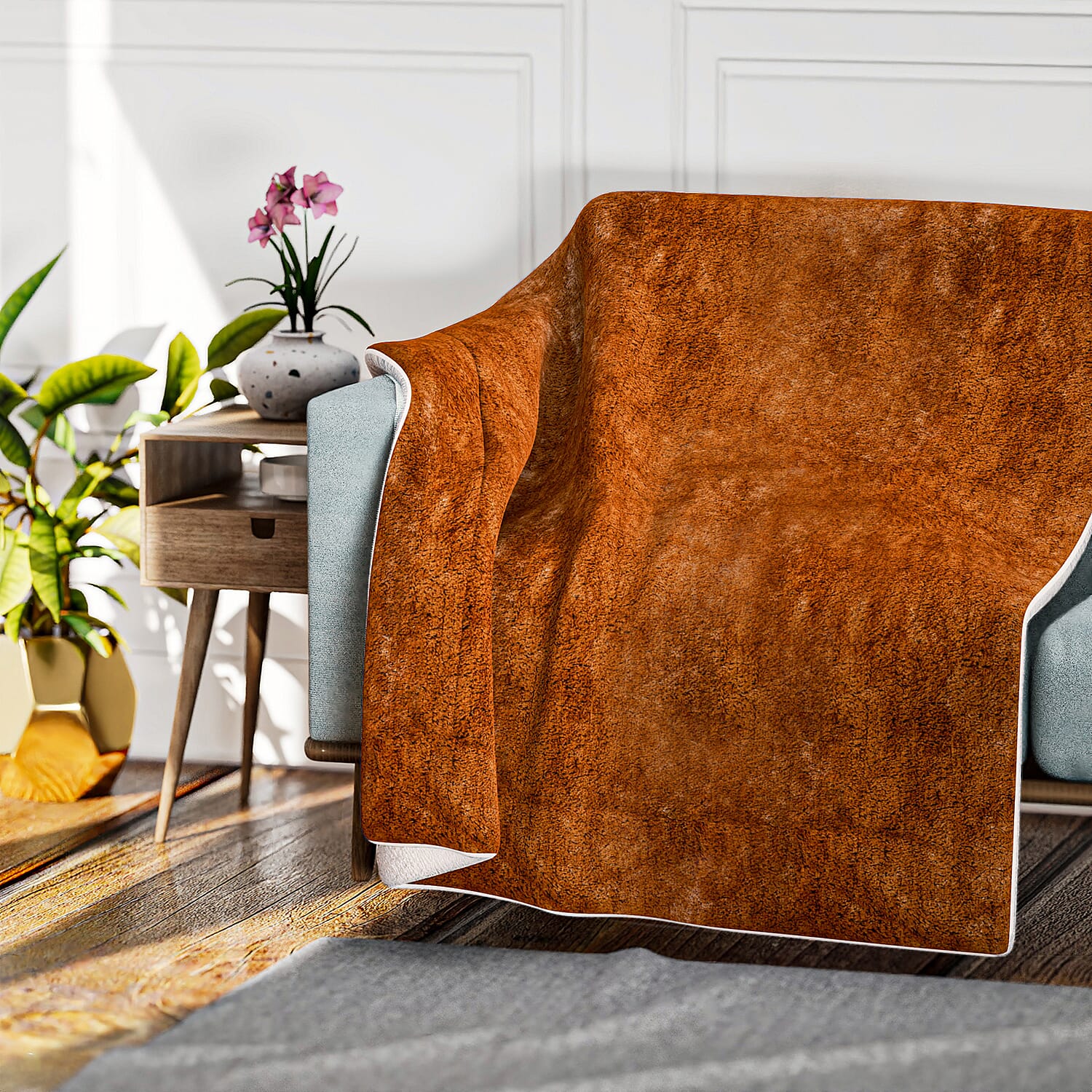 Faux Rabbit Fur Patterned Blanket (Size 150 x 200 cm) - Brown - White