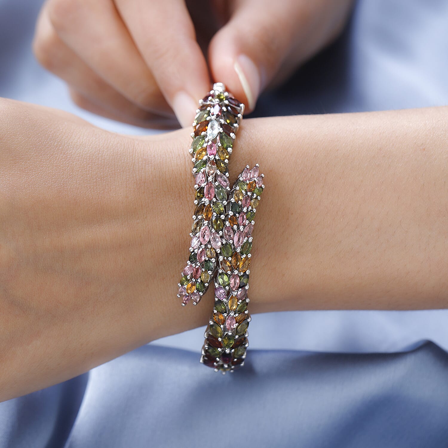 Multi-Tourmaline Bangle (Size - 7.5) with Spring Lock in Platinum Overlay Sterling Silver 15.16 Ct, Silver Wt. 31.25 Gms