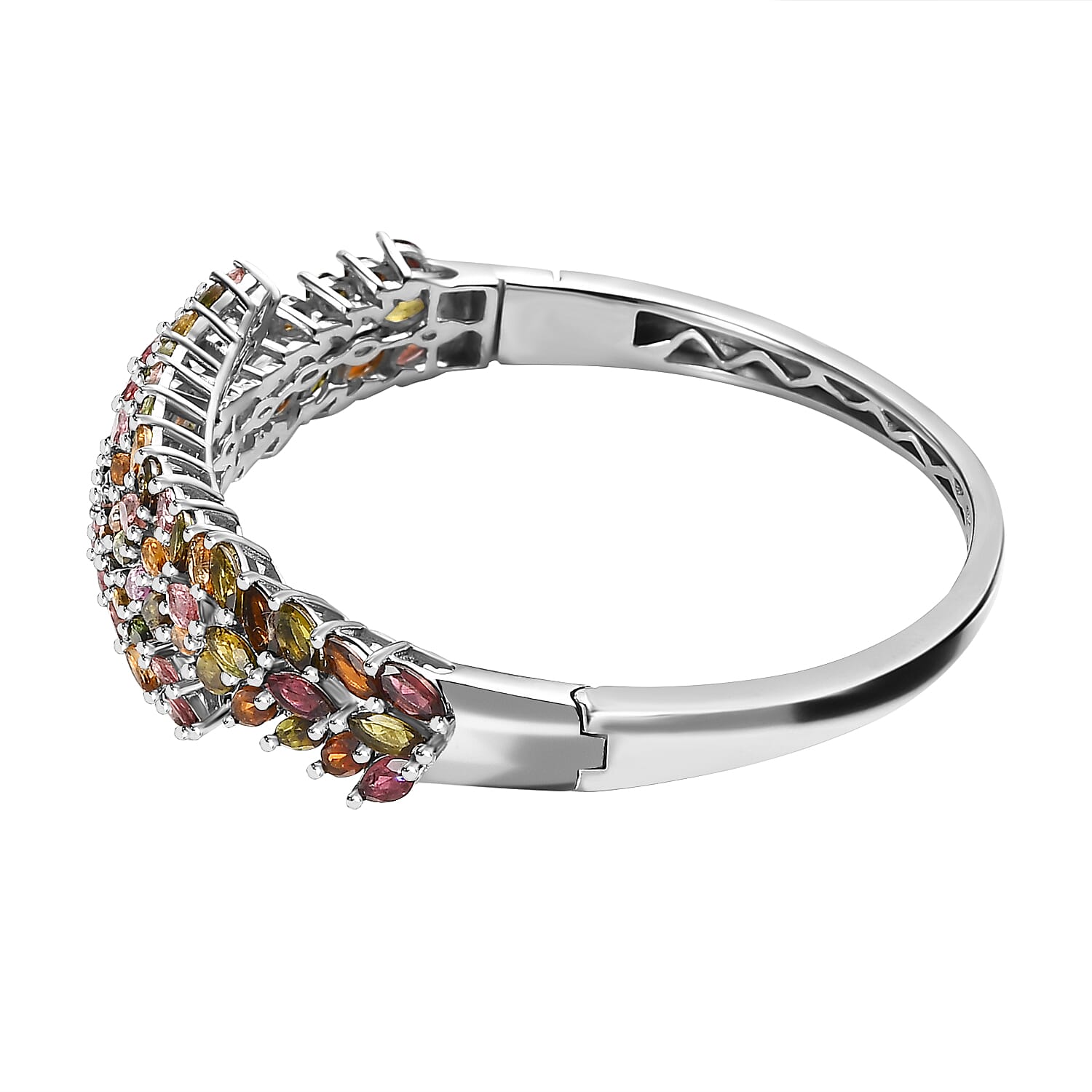 Multi-Tourmaline Bangle (Size - 7.5) with Spring Lock in Platinum Overlay Sterling Silver 15.16 Ct, Silver Wt. 31.25 Gms