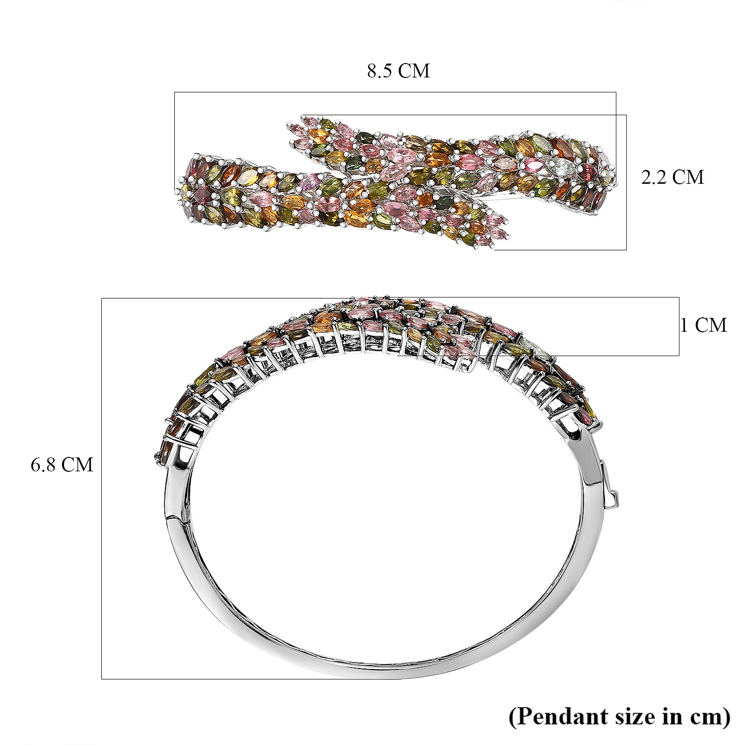 Multi-Tourmaline Bangle (Size - 7.5) with Spring Lock in Platinum Overlay Sterling Silver 15.16 Ct, Silver Wt. 31.25 Gms