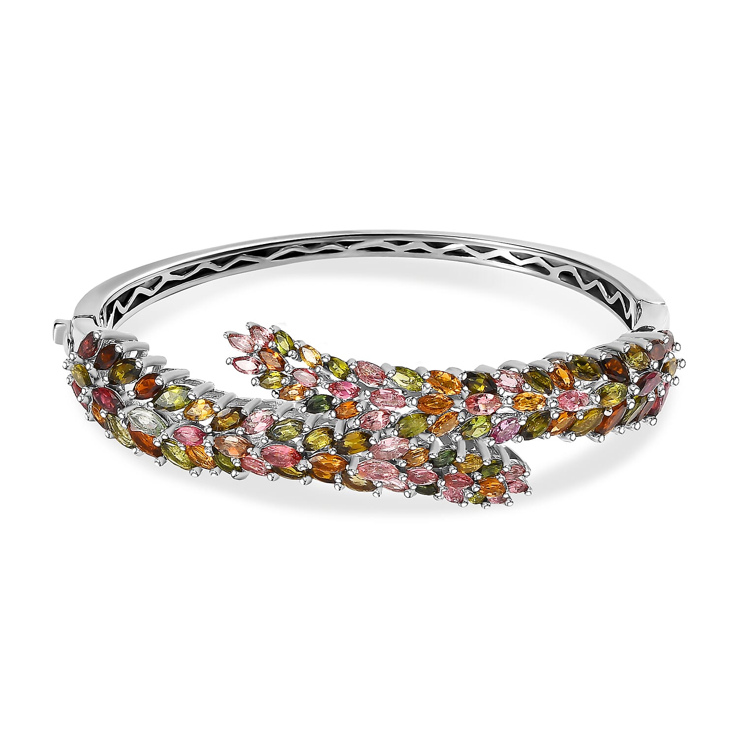 Multi-Tourmaline Bangle (Size - 7.5) with Spring Lock in Platinum Overlay Sterling Silver 15.16 Ct, Silver Wt. 31.25 Gms