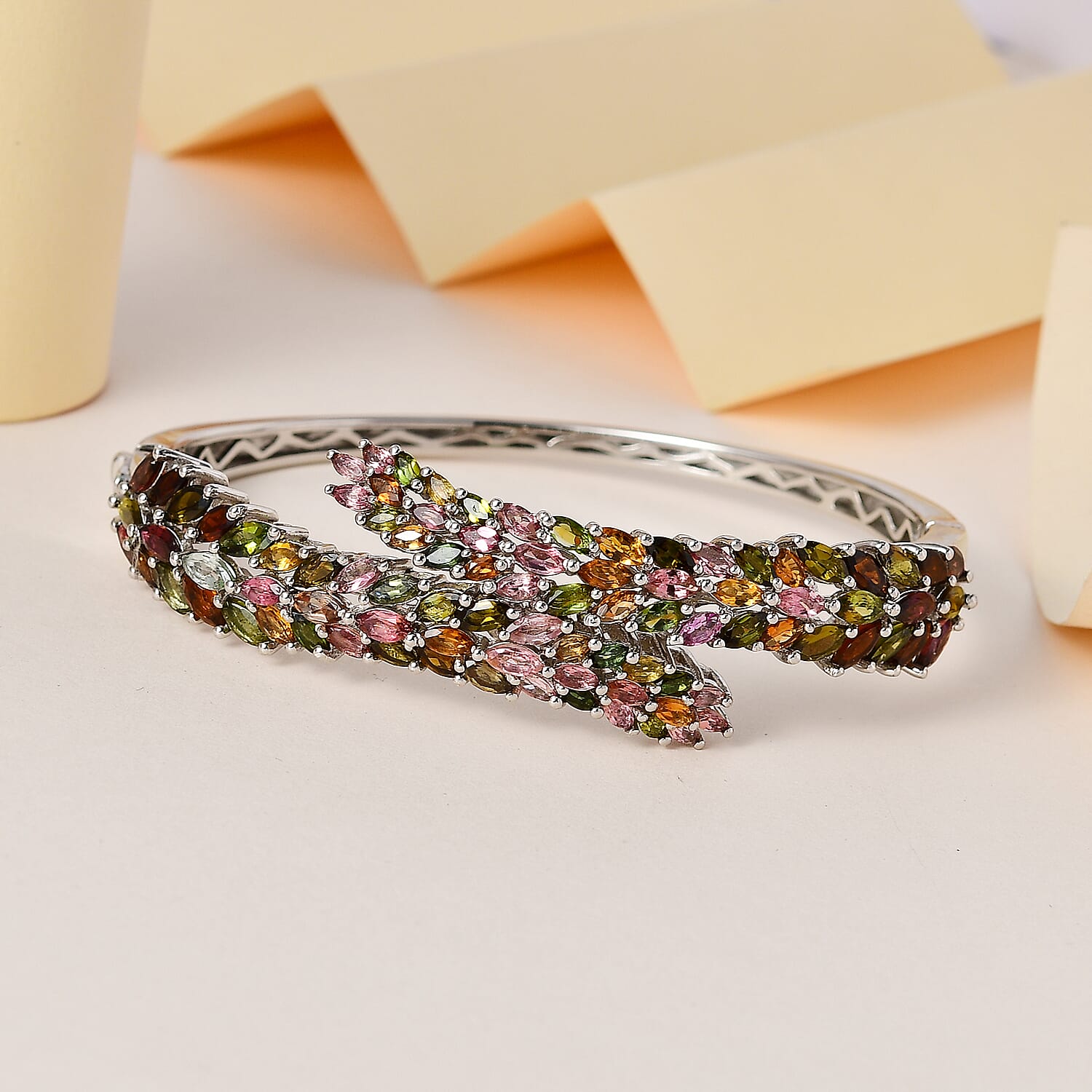 Multi-Tourmaline Bangle (Size - 7.5) with Spring Lock in Platinum Overlay Sterling Silver 15.16 Ct, Silver Wt. 31.25 Gms