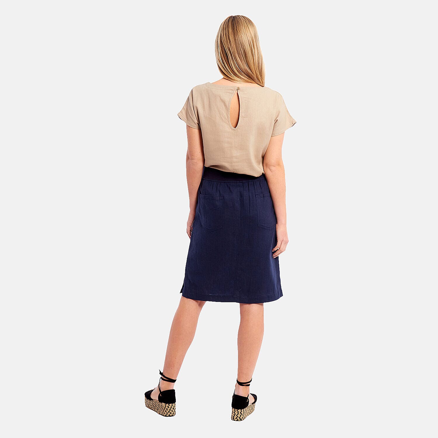 Charlotte West - Ladies Linen A-line Skirt with Rib Waistband (Size 12)  - Navy