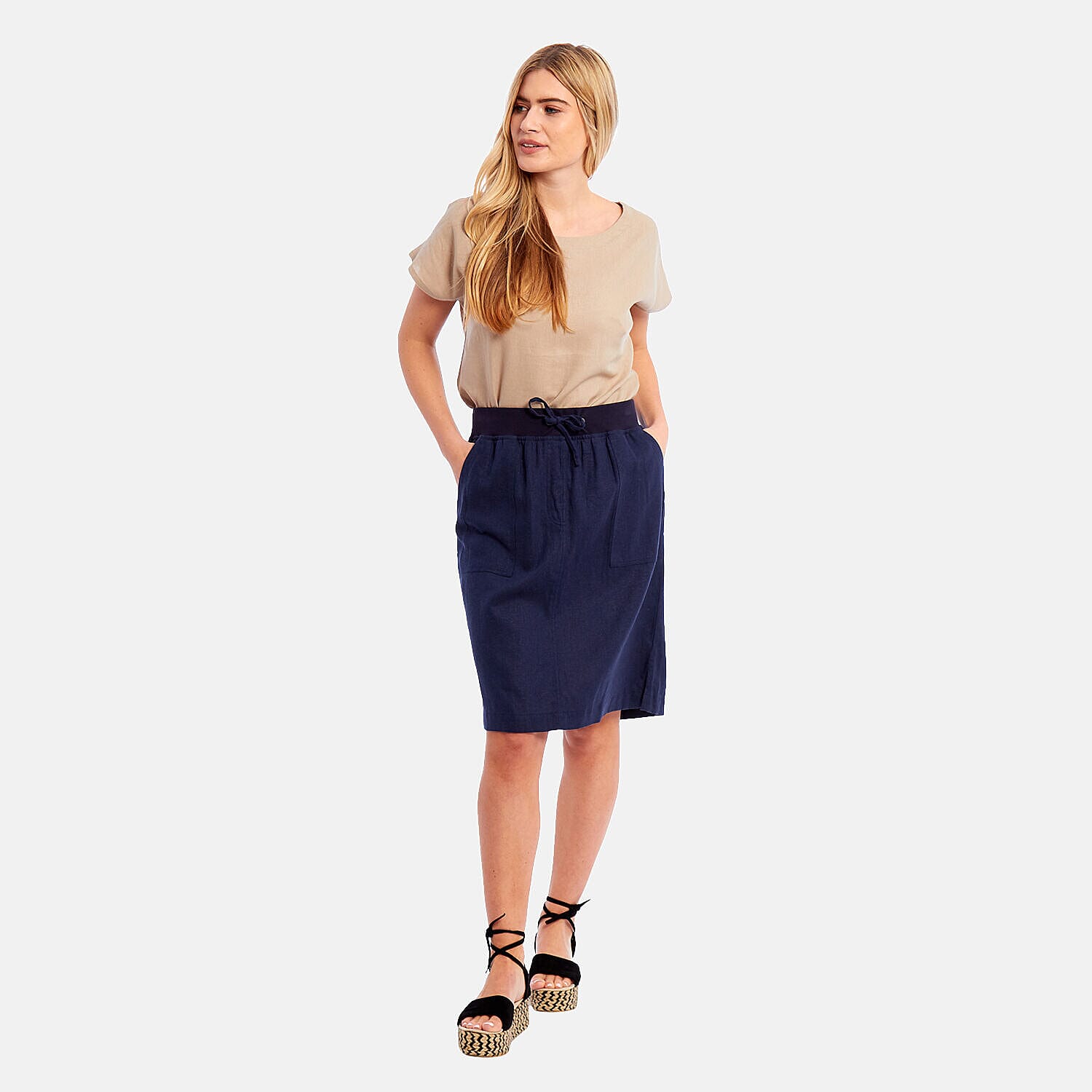 Charlotte West - Ladies Linen A-line Skirt with Rib Waistband (Size 12)  - Navy