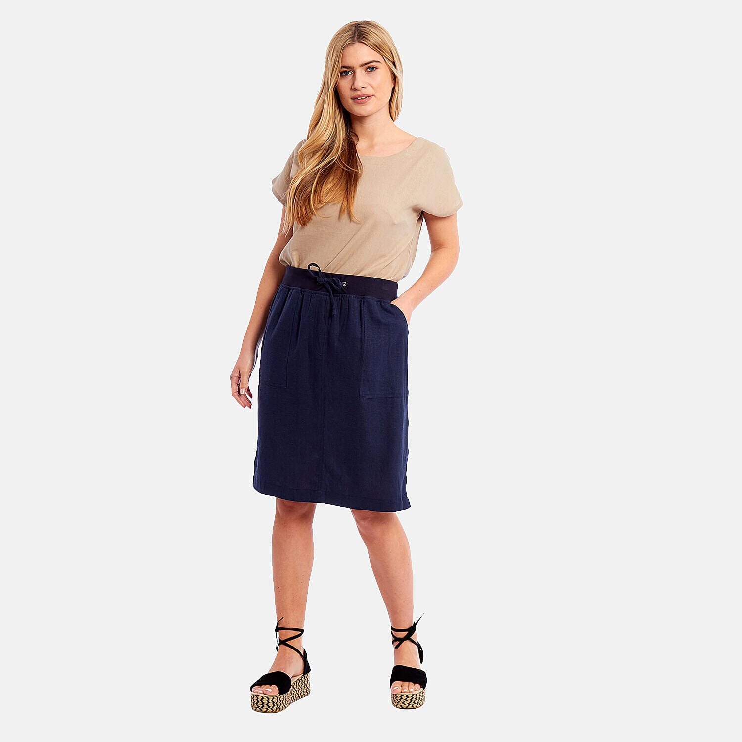 Charlotte West - Ladies Linen A-line Skirt with Rib Waistband (Size 12)  - Navy