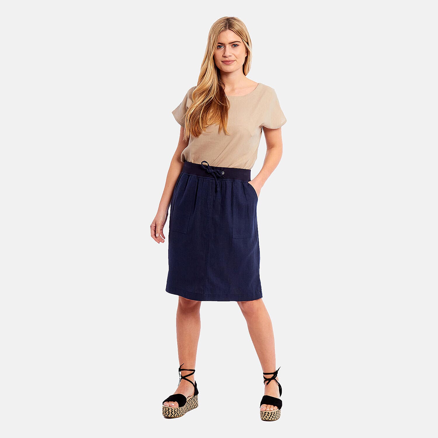 Charlotte West - Ladies Linen A-line Skirt with Rib Waistband (Size 12)  - Navy