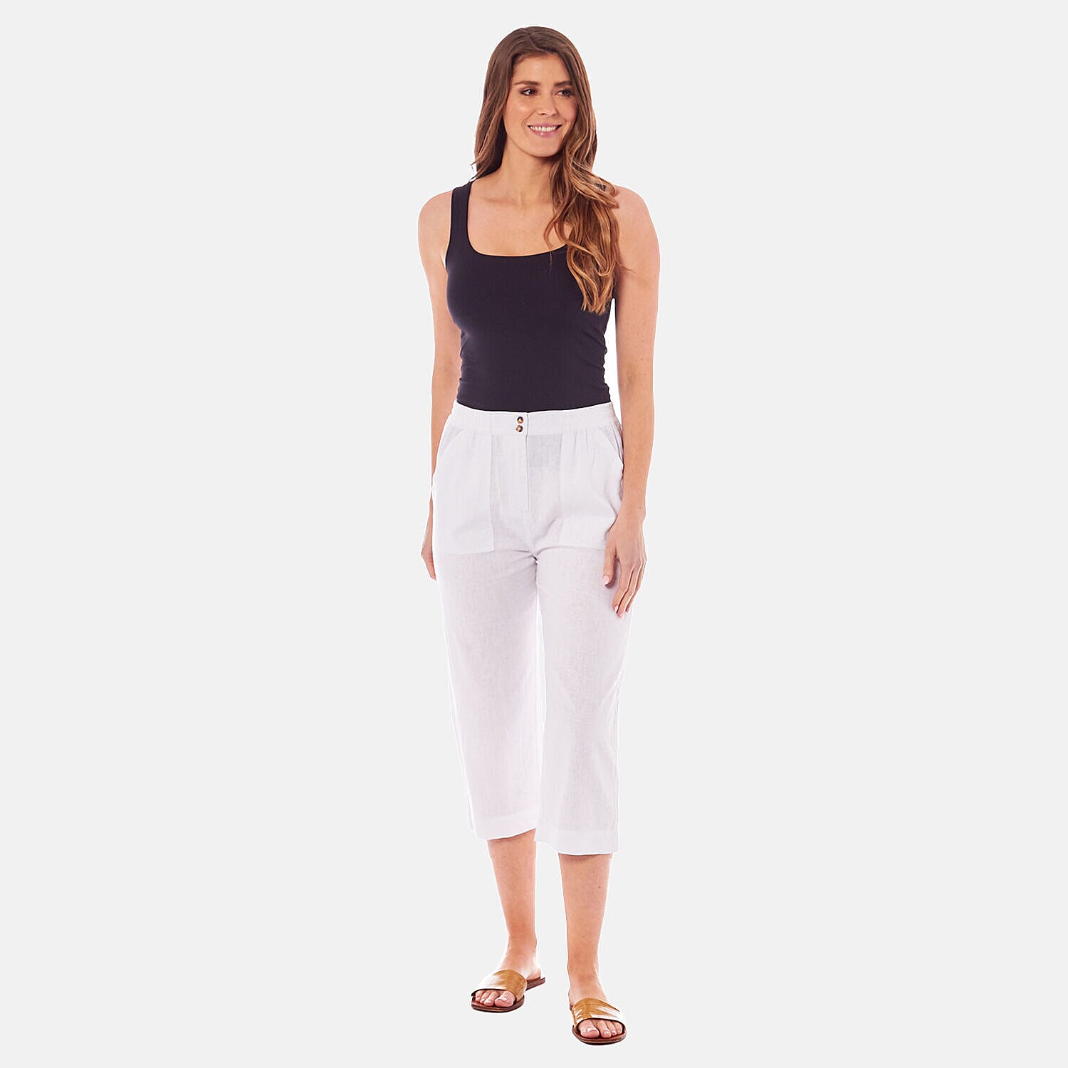 Charlotte West - Ladies Linen 3/4 Trousers with Button Fashing (Size 12) - White