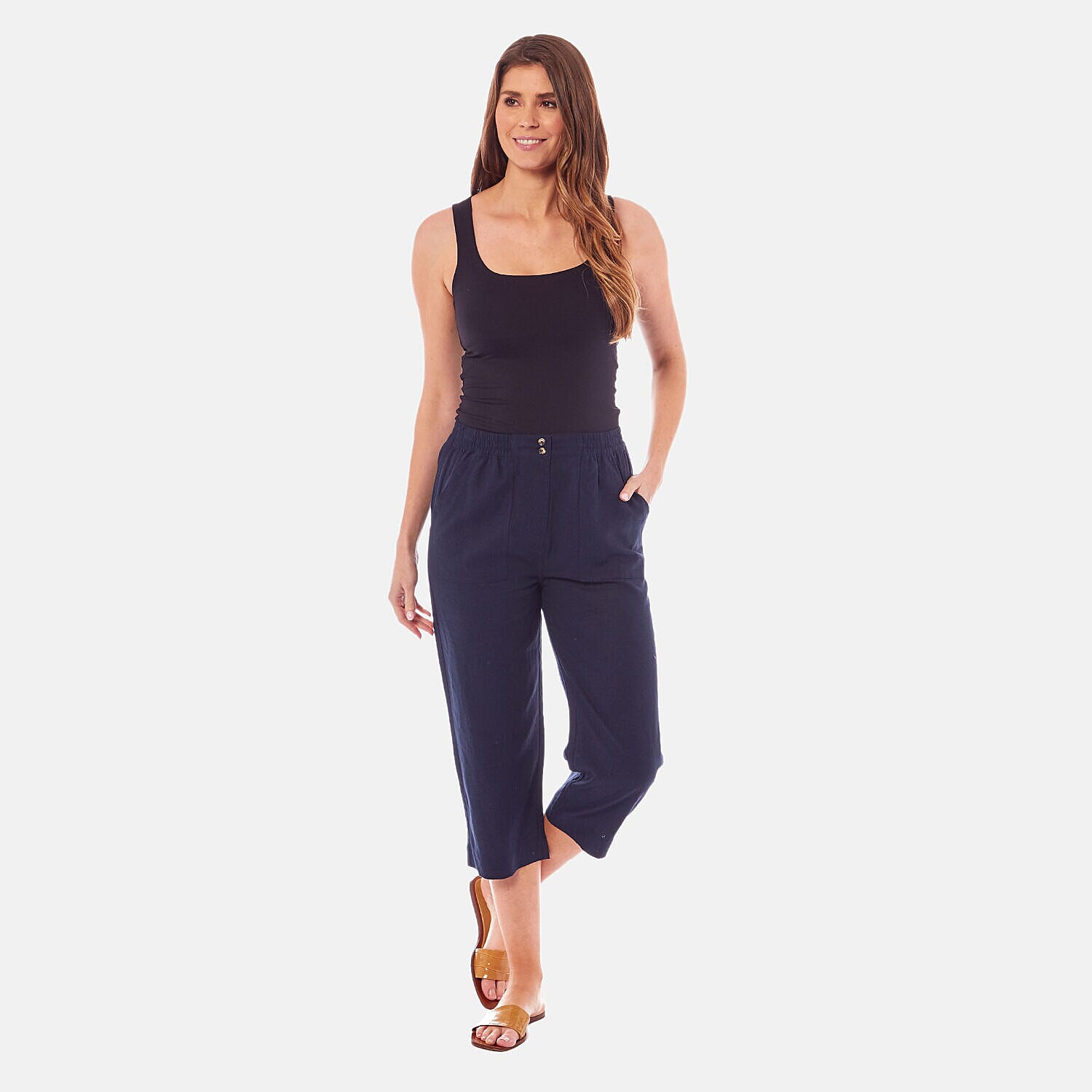 Ladies navy capri sale trousers