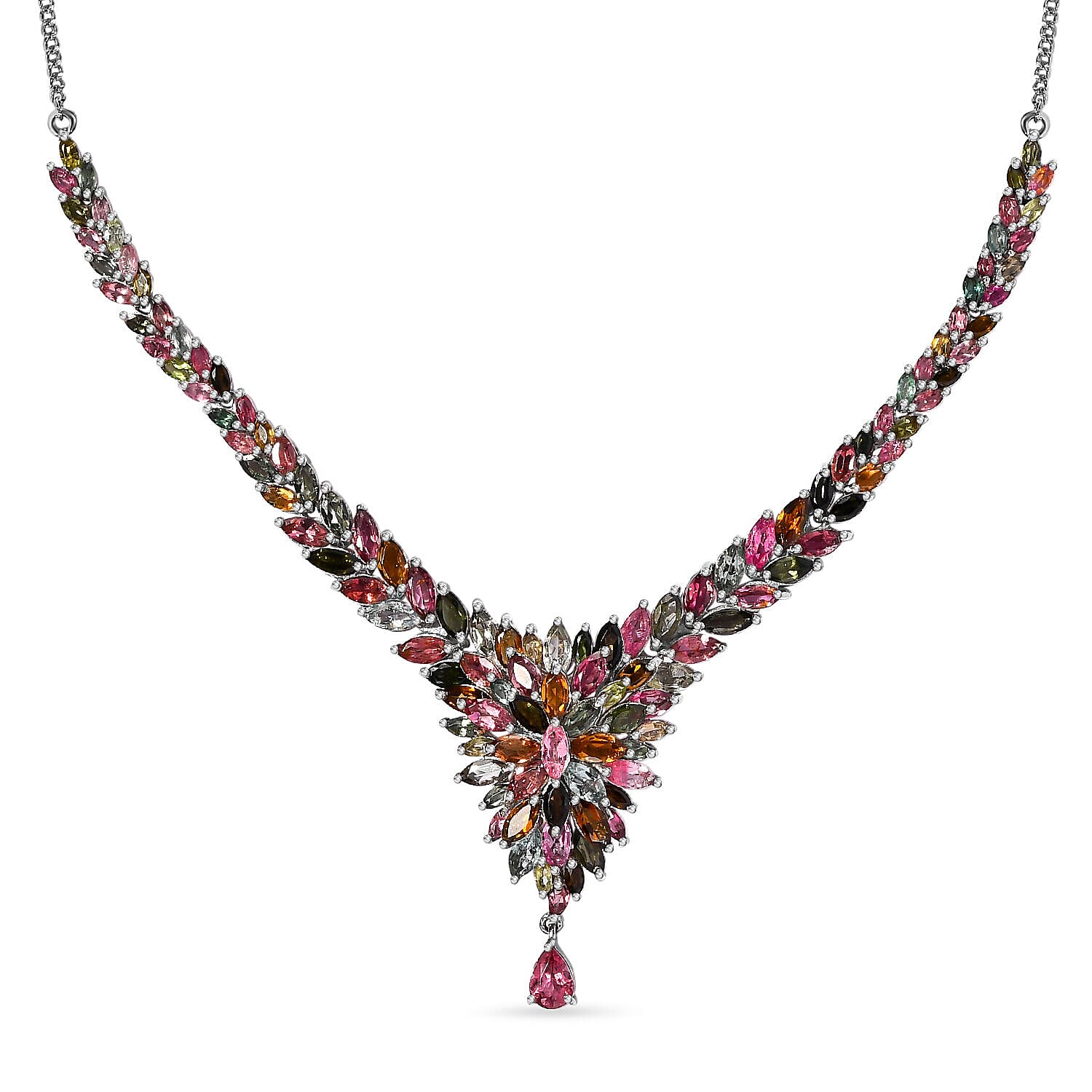 Designer Inspired - Multi-Tourmaline Cluster Necklace (Size - 20) in Platinum Overlay Sterling Silver 17.71 Ct, Silver Wt. 18.71 Gms
