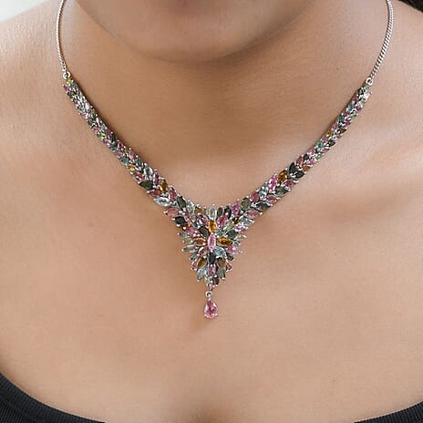 Designer Inspired - Multi-Tourmaline Cluster Necklace (Size - 20) in Platinum Overlay Sterling Silver 17.71 Ct, Silver Wt. 18.71 Gms