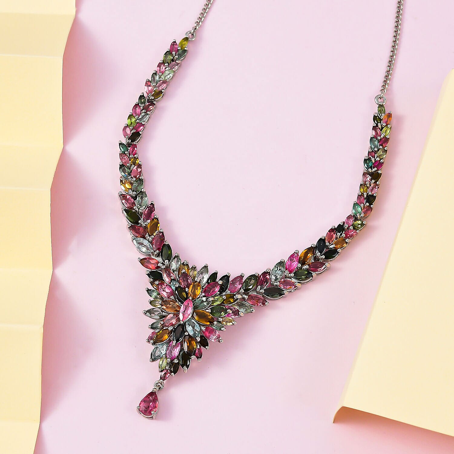 Designer Inspired - Multi-Tourmaline Cluster Necklace (Size - 20) in Platinum Overlay Sterling Silver 17.71 Ct, Silver Wt. 18.71 Gms