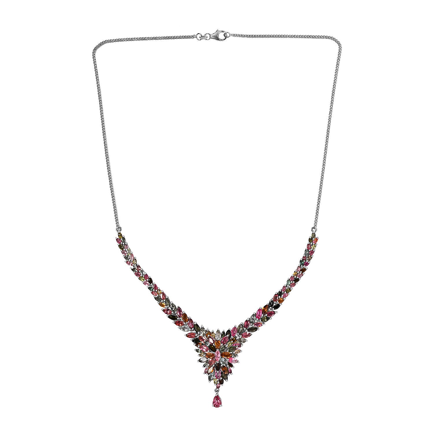Designer Inspired - Multi-Tourmaline Cluster Necklace (Size - 20) in Platinum Overlay Sterling Silver 17.71 Ct, Silver Wt. 18.71 Gms