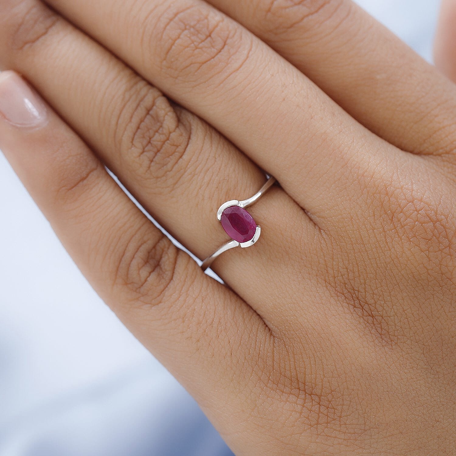 Ruby (FF) Solitaire Bypass Ring in Platinum Overlay Sterling Silver 1. ...
