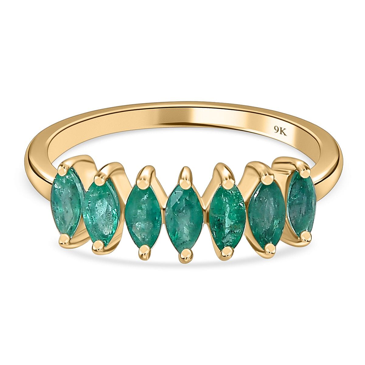 9K Yellow Gold AAA Gemfields Emerald 7 Stone Ring
