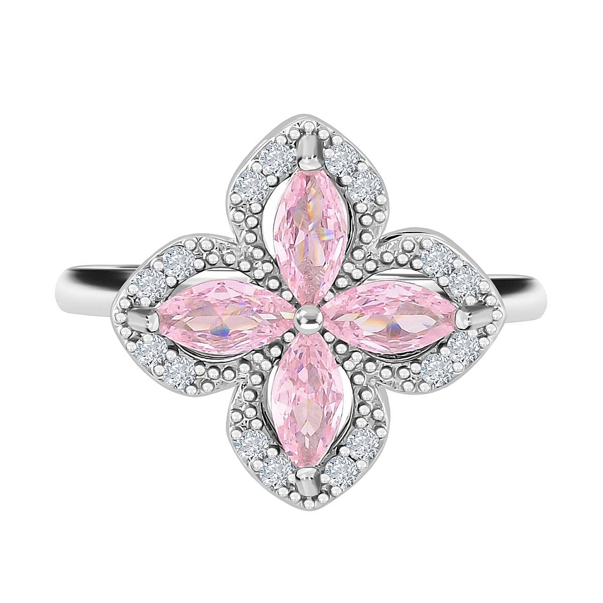 Simulated Pink & White Diamond Clover Spinner Ring in Silver Tone - Adjustable (Size L-R)