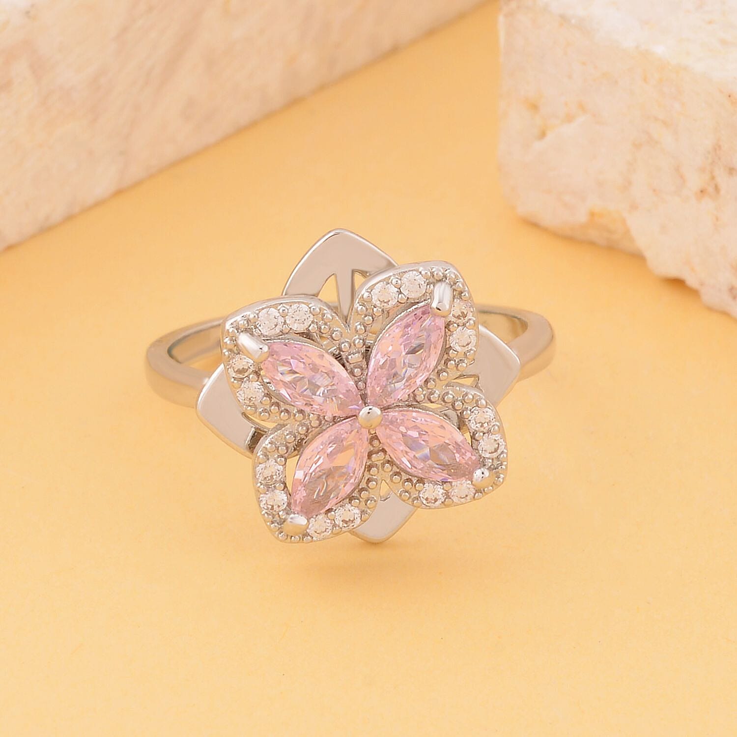 Simulated Pink & White Diamond Clover Spinner Ring in Silver Tone - Adjustable (Size L-R)