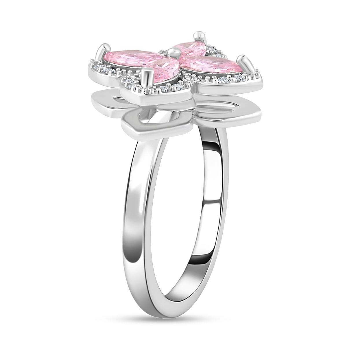 Simulated Pink & White Diamond Clover Spinner Ring in Silver Tone - Adjustable (Size L-R)