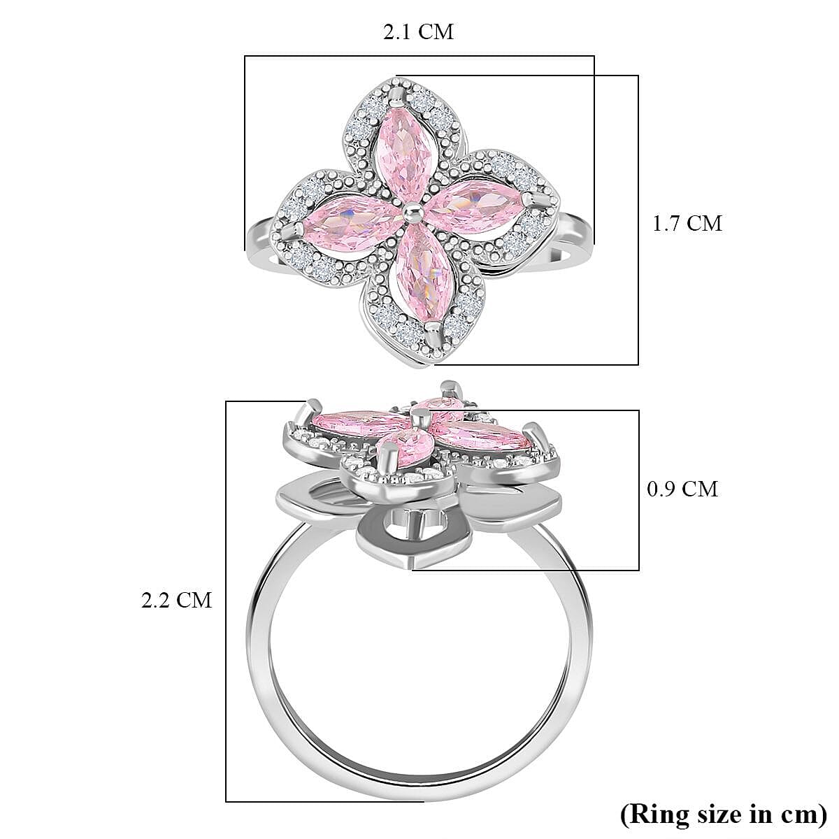 Simulated Pink & White Diamond Clover Spinner Ring in Silver Tone - Adjustable (Size L-R)
