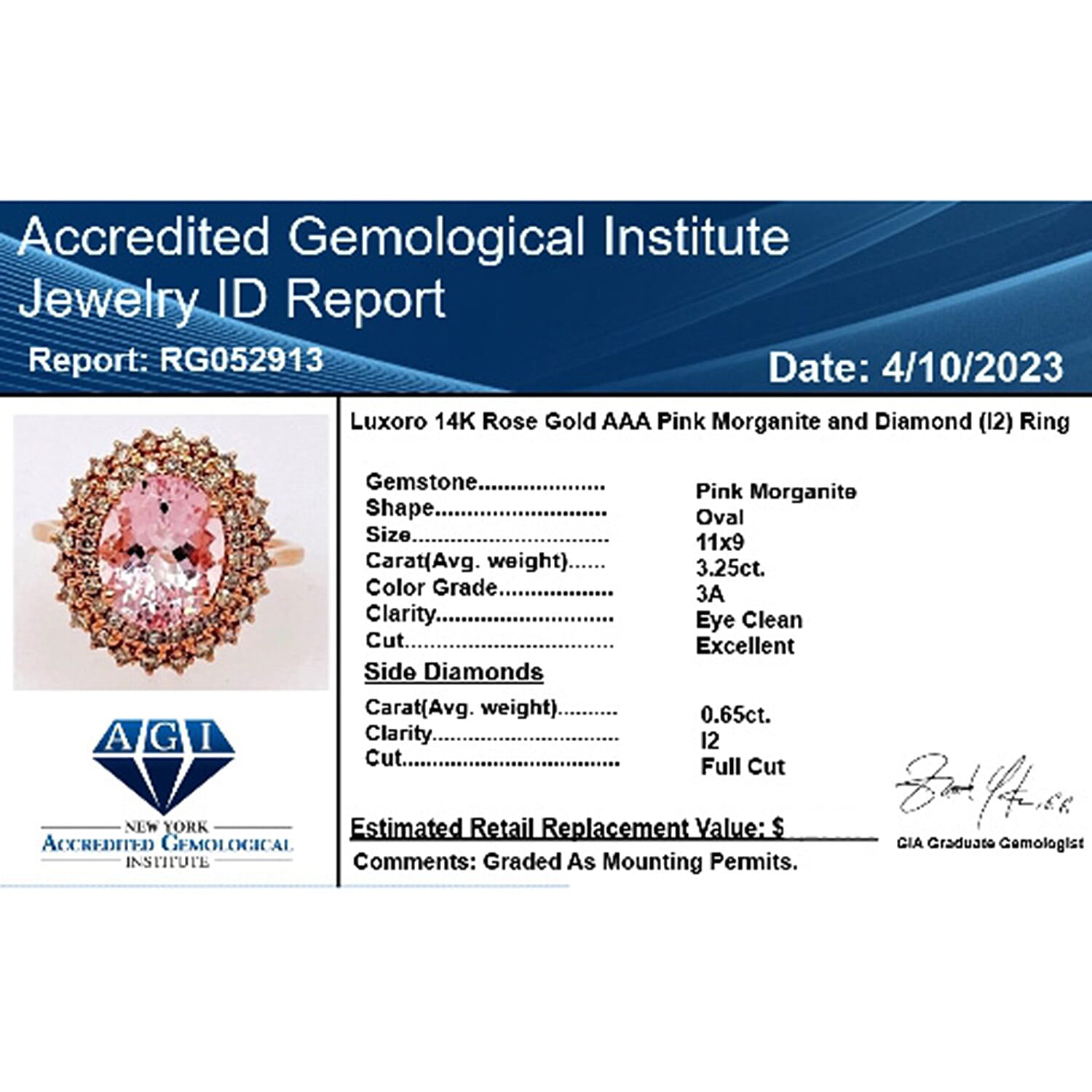 14K Rose Gold  AAA   Pink Morganite ,  White Diamond  I2 Ring 156.85 ct,  Gold Wt. 3.44 Gms  156.850  Ct.