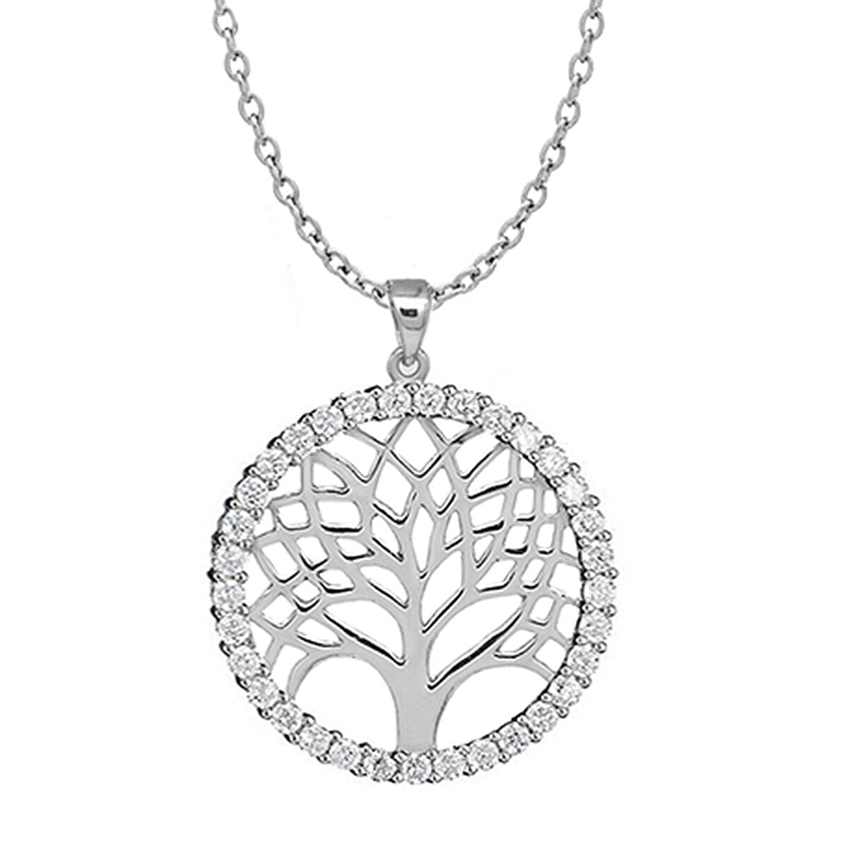 Simulated Diamond Tree of Life Pendant with Chain (Size - 18) in Rhodium Overlay Sterling Silver