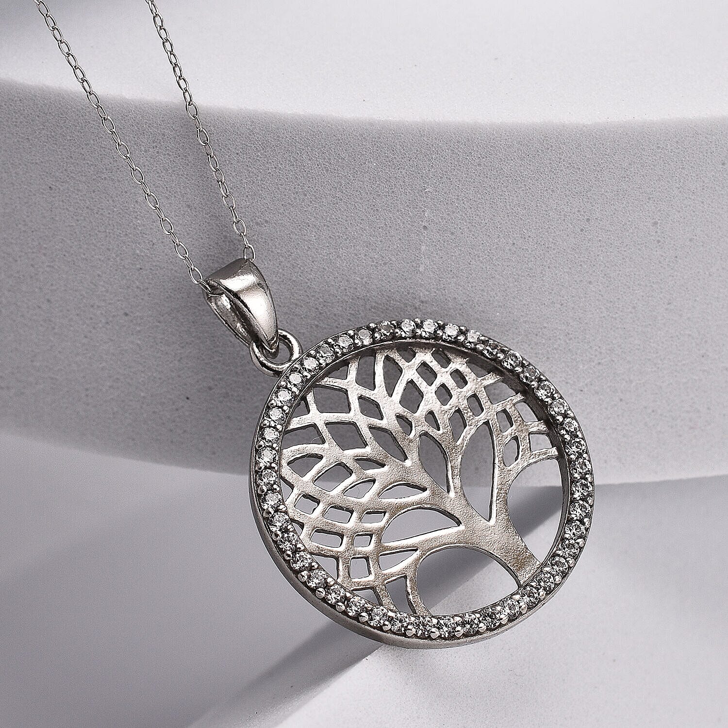 Simulated Diamond Tree of Life Pendant with Chain (Size - 18) in Rhodium Overlay Sterling Silver