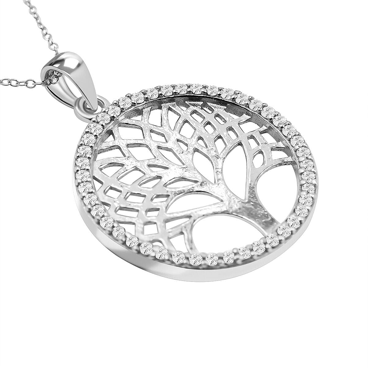 Simulated Diamond Tree of Life Pendant with Chain (Size - 18) in Rhodium Overlay Sterling Silver