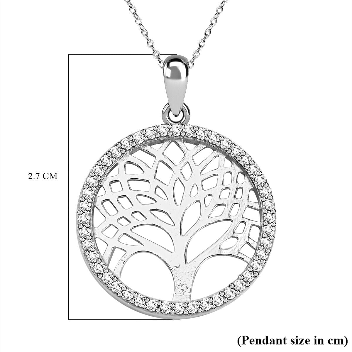 Simulated Diamond Tree of Life Pendant with Chain (Size - 18) in Rhodium Overlay Sterling Silver