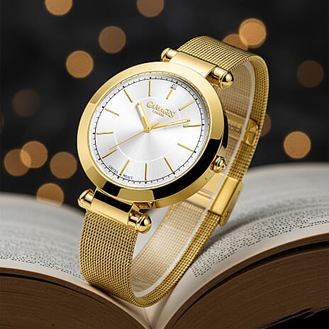 GAMAGES OF LONDON Ladies GEM Swiss Quartz Water Resistant Diamond Studded Watch in Stainless Steel in Gold White