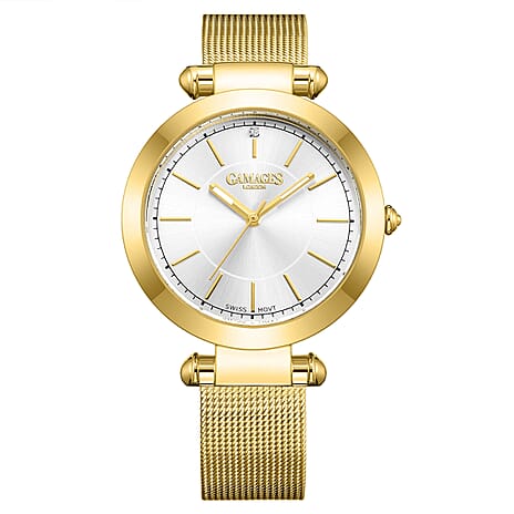 GAMAGES OF LONDON Ladies GEM Swiss Quartz Water Resistant Diamond Studded Watch in Stainless Steel in Gold White
