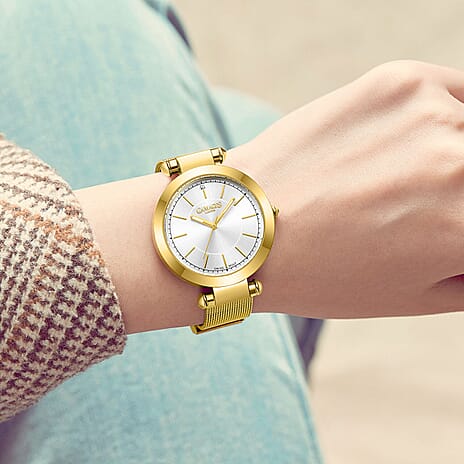 GAMAGES OF LONDON Ladies GEM Swiss Quartz Water Resistant Diamond Studded Watch in Stainless Steel in Gold White