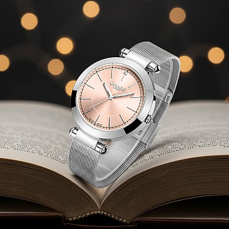 GAMAGES OF LONDON Ladies GEM Swiss Quartz Water Resistant Diamond Studded Watch in Stainless Steel in Silver Pink