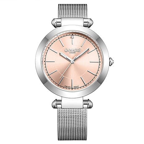 GAMAGES OF LONDON Ladies GEM Swiss Quartz Water Resistant Diamond Studded Watch in Stainless Steel in Silver Pink