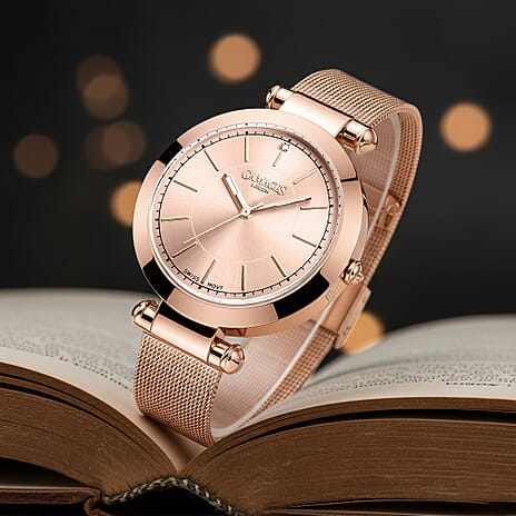 GAMAGES OF LONDON Ladies GEM  Swiss Quartz Water Resistant Diamond Studded Watch in Stainless Steel in Rose Gold