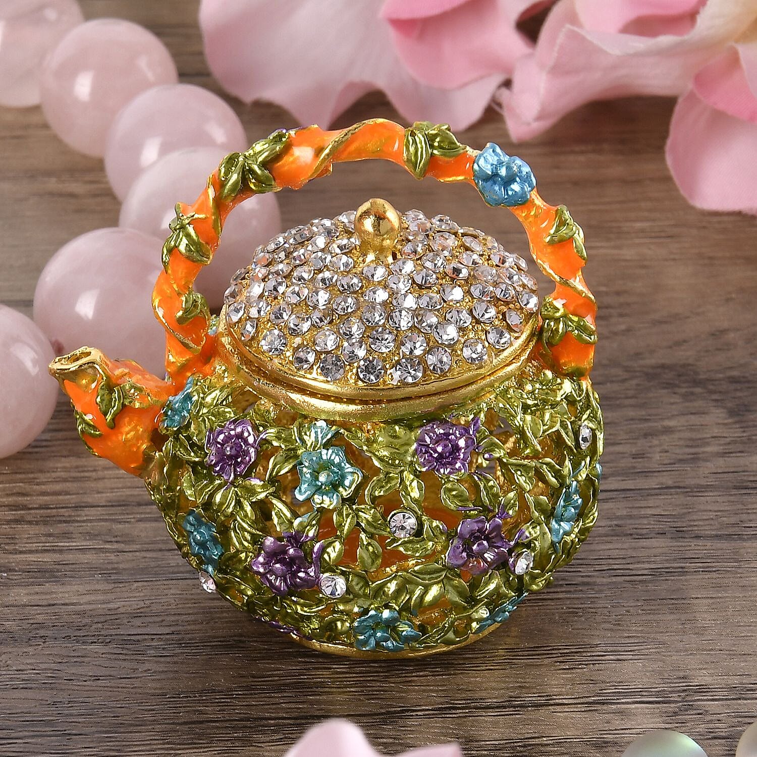 Teapot Crystal Studded Trinket Jewellery Box - Multi