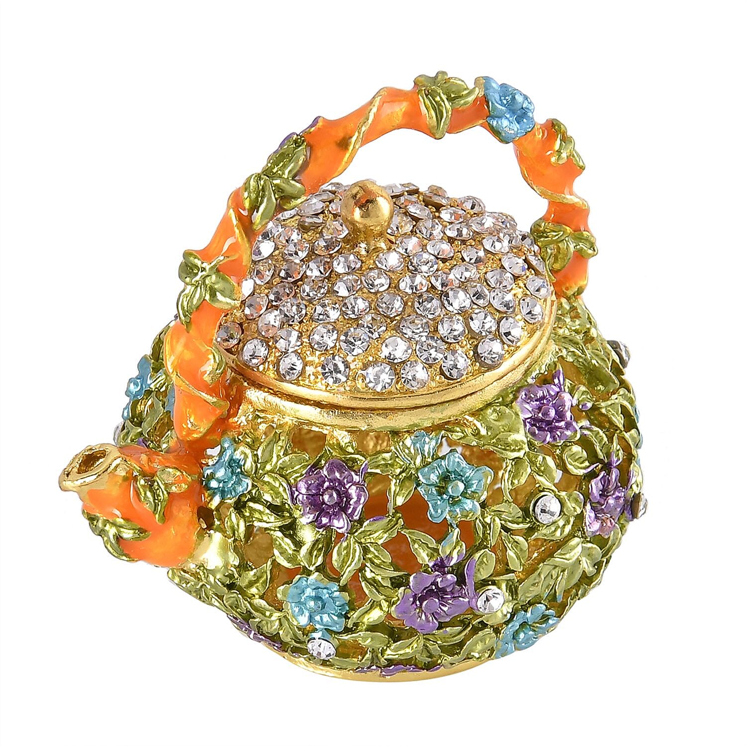 Teapot Crystal Studded Trinket Jewellery Box - Multi