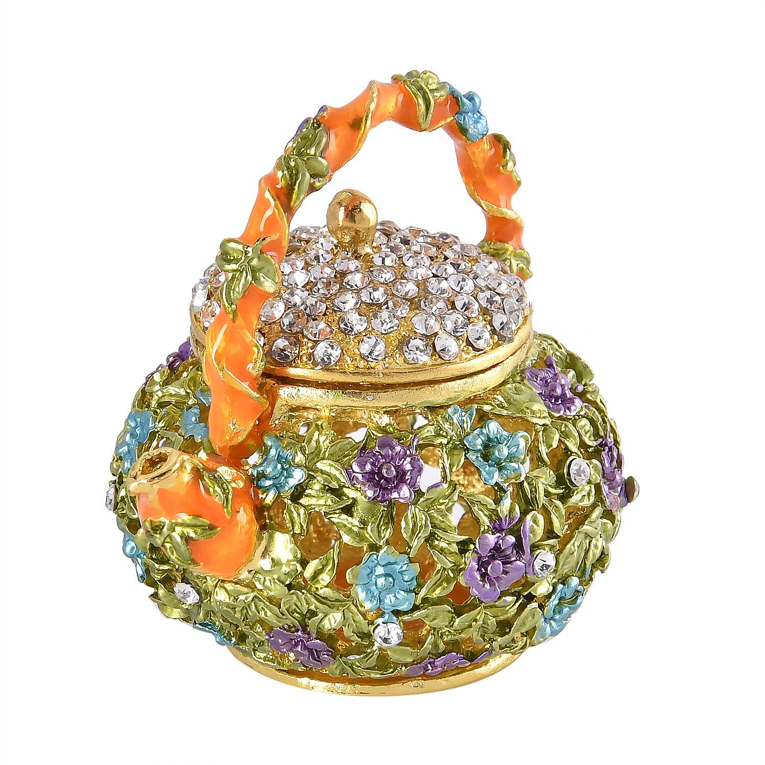 Teapot Crystal Studded Trinket Jewellery Box - Multi