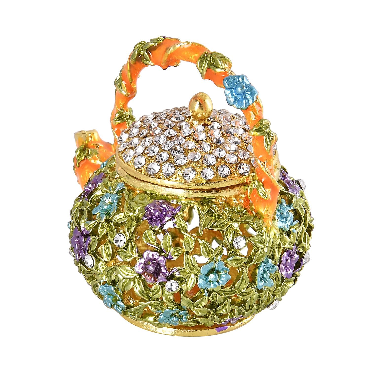 Teapot Crystal Studded Trinket Jewellery Box - Multi