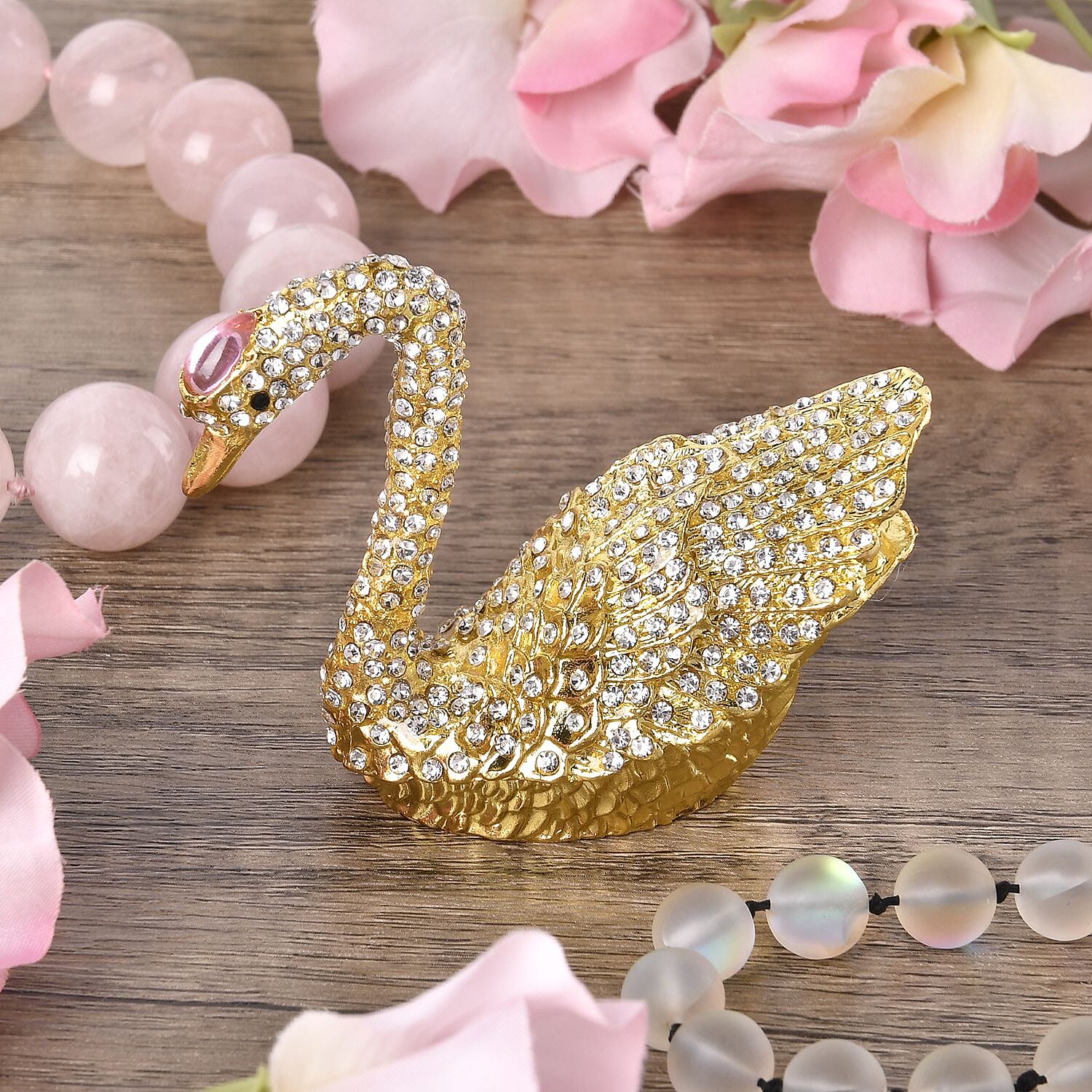 Swan Crystal Studded Trinket Jewellery Box - Gold