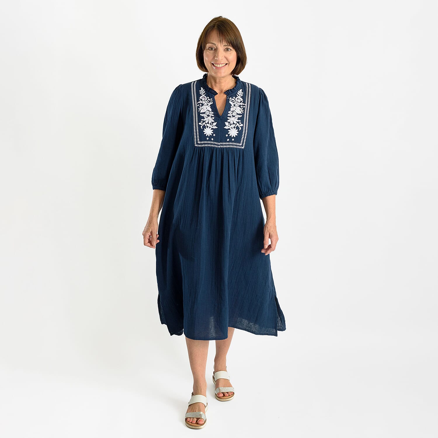 Tamsy 100% Cotton Embroidered 3-4 Sleeves Midi Dress (Size L) - Navy