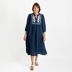 TAMSY Cotton Embroidered 3-4 Sleeves Midi Dress