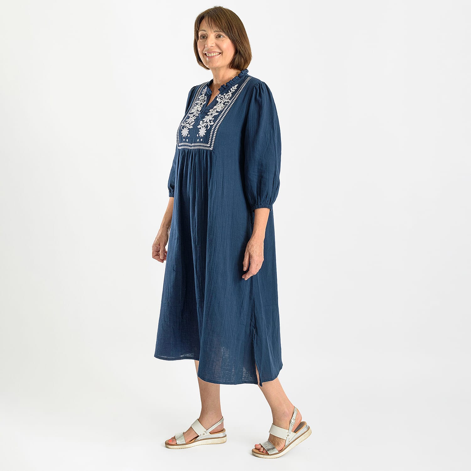 Tamsy 100% Cotton Embroidered 3-4 Sleeves Midi Dress (Size L) - Navy