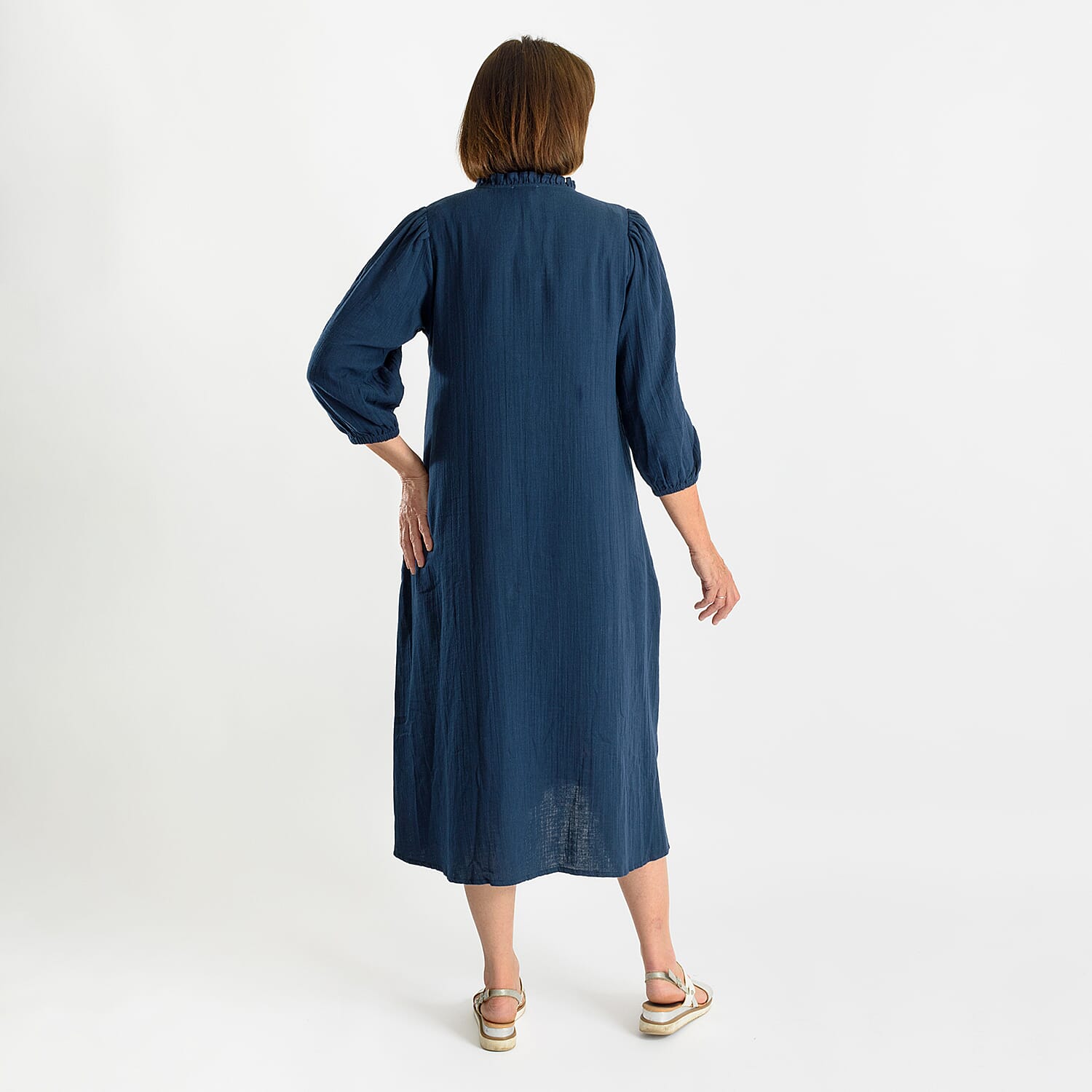 Tamsy 100% Cotton Embroidered 3-4 Sleeves Midi Dress (Size L) - Navy