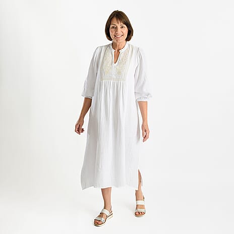 Tamsy 100% Cotton Embroidered 3-4 Sleeves Midi Dress (Size L) - White