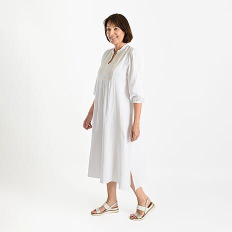 Tamsy 100% Cotton Embroidered 3-4 Sleeves Midi Dress (Size L) - White