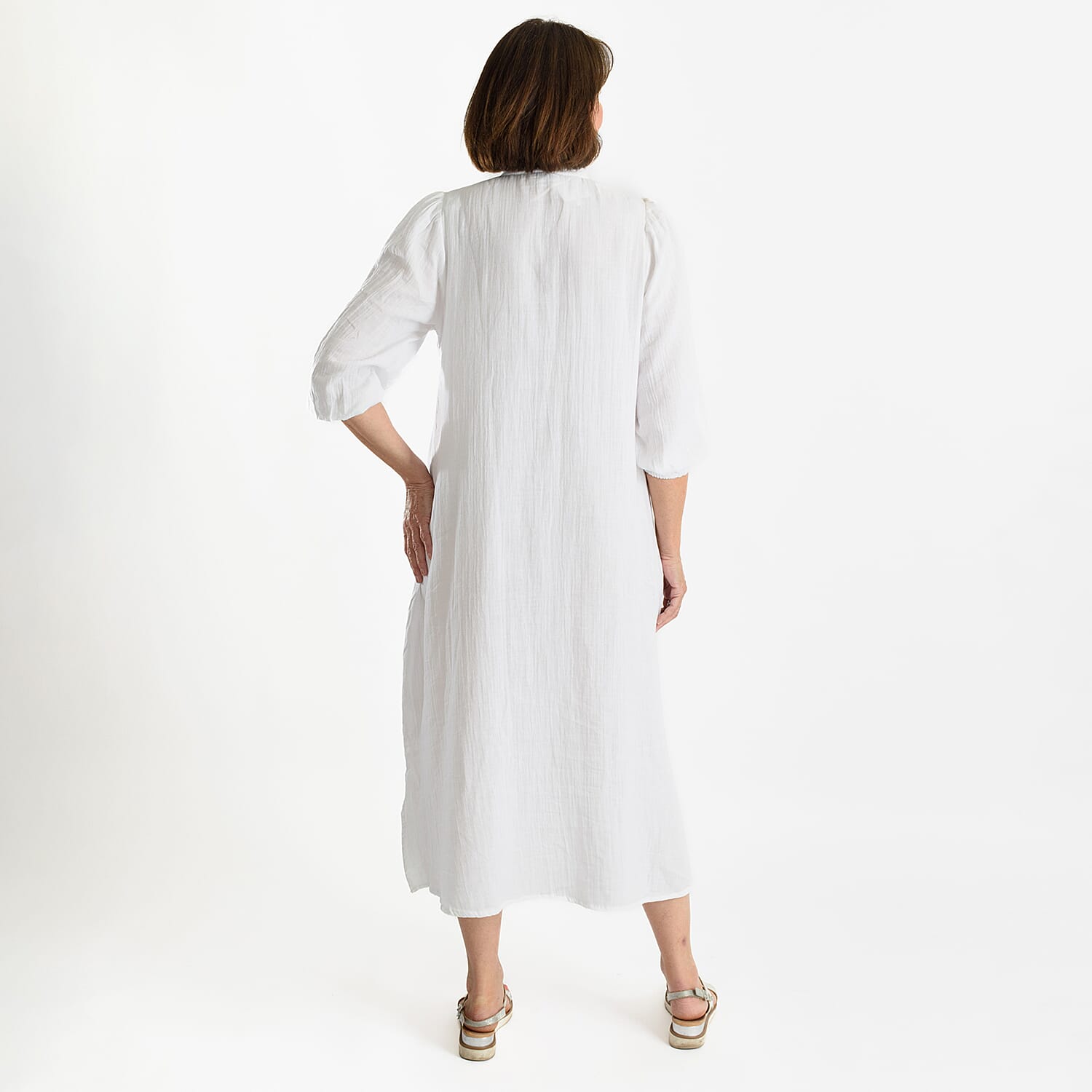 Tamsy Embroidered 3/4 Sleeves Midi Dress (Size L) - Navy