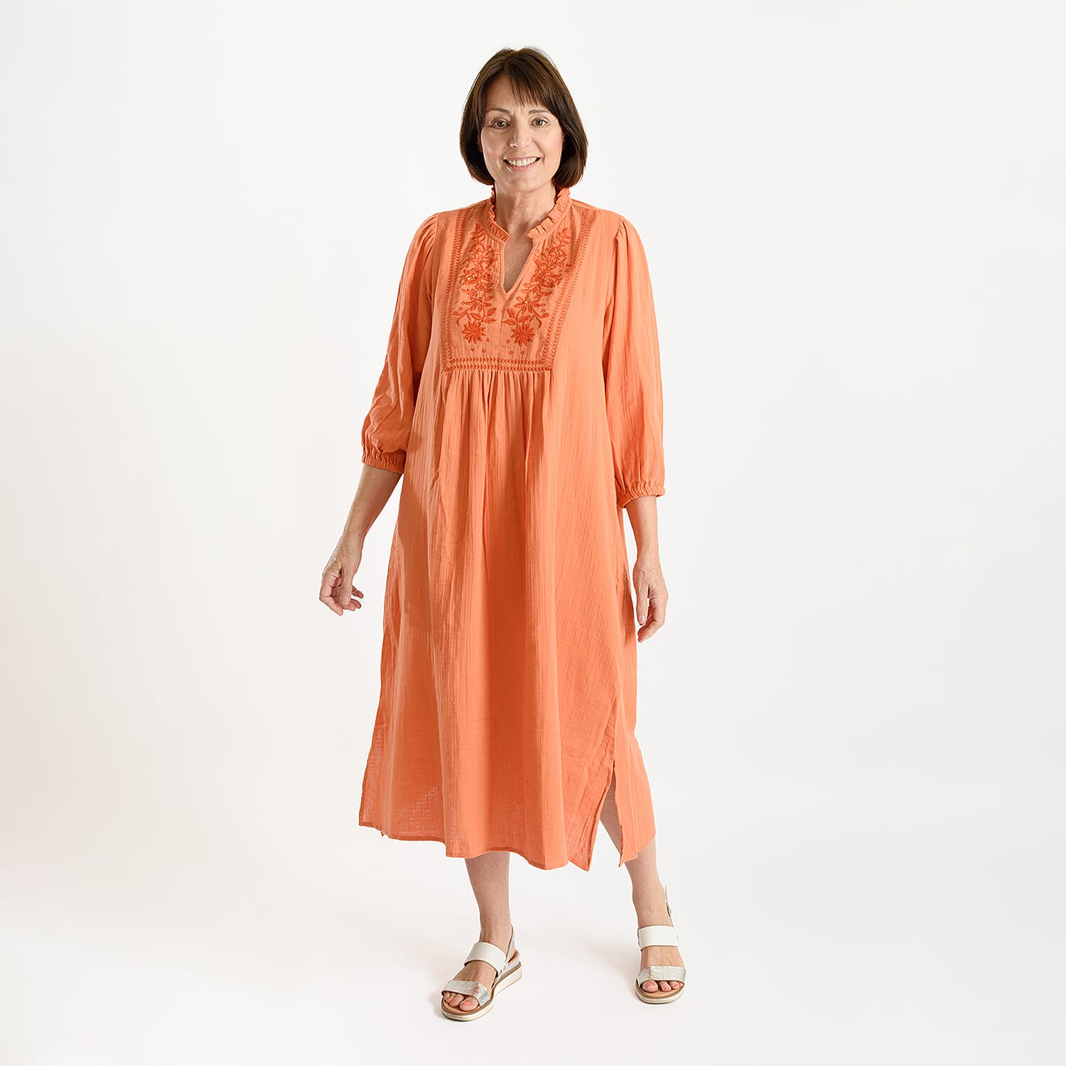 Tamsy Embroidered 3/4 Sleeves Midi Dress (Size L) - Navy