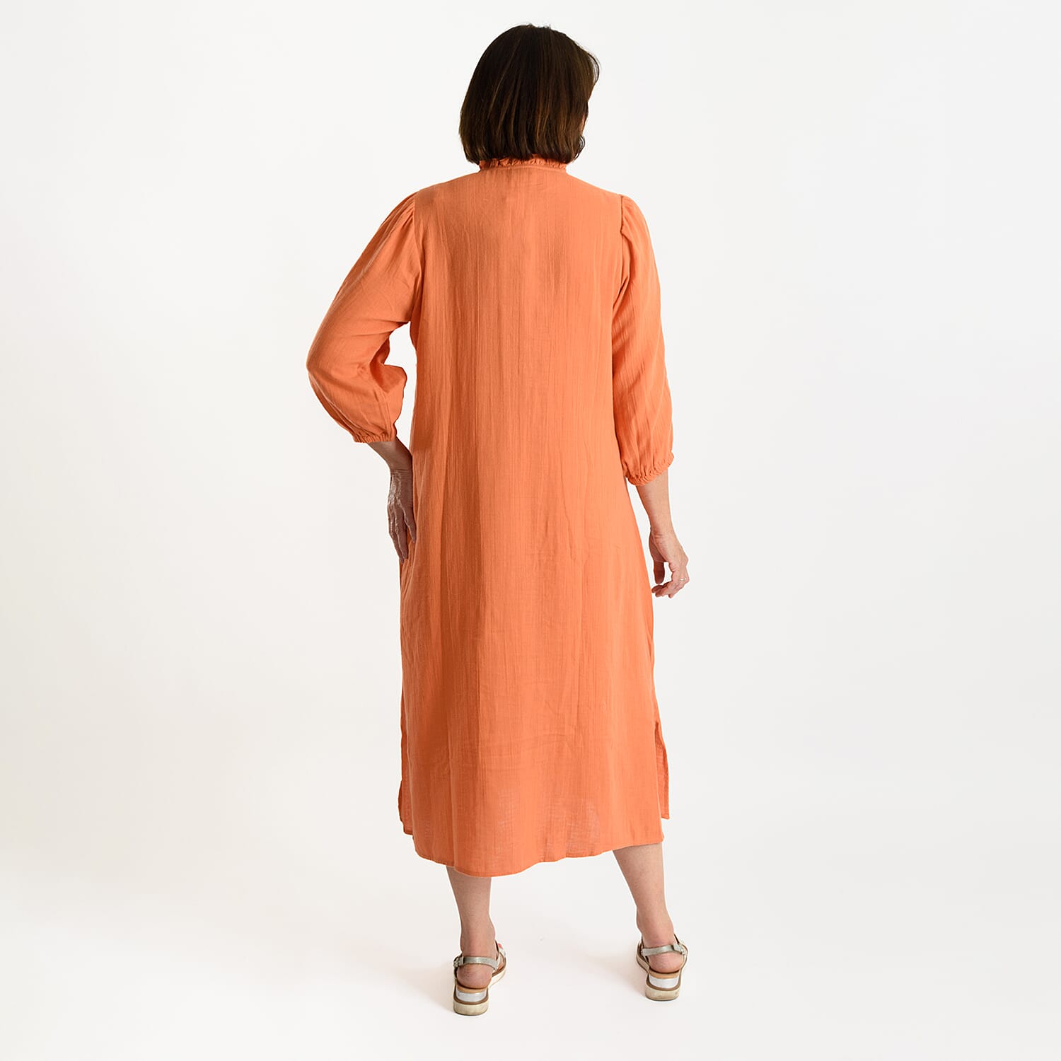 Tamsy Embroidered 3/4 Sleeves Midi Dress (Size L) - Navy