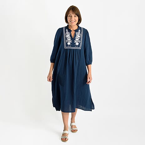 Tamsy 100% Cotton Embroidered 3-4 Sleeves Midi Dress (Size S) - Navy