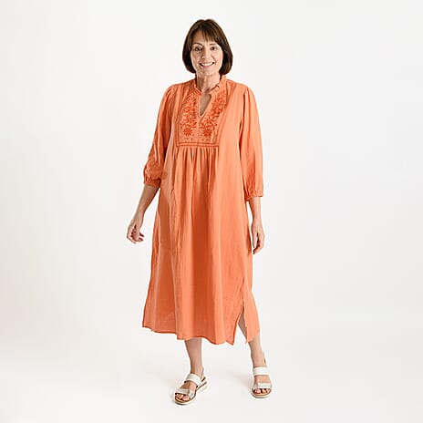 Tamsy 100% Cotton Embroidered 3-4 Sleeves Midi Dress (Size S) - Pale Orange