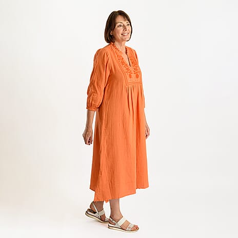 Tamsy 100% Cotton Embroidered 3-4 Sleeves Midi Dress (Size XL) - Pale Orange